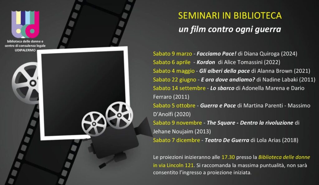 Locandina dei seminari in bilioteca su sfondo grigio con i titoli dei film proposti